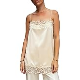 Women Satin Lace Trim Spaghetti Cami Tops Y2k Strap Side Split Asymmetrical Cami Top Loose Silky Going Out Shirts