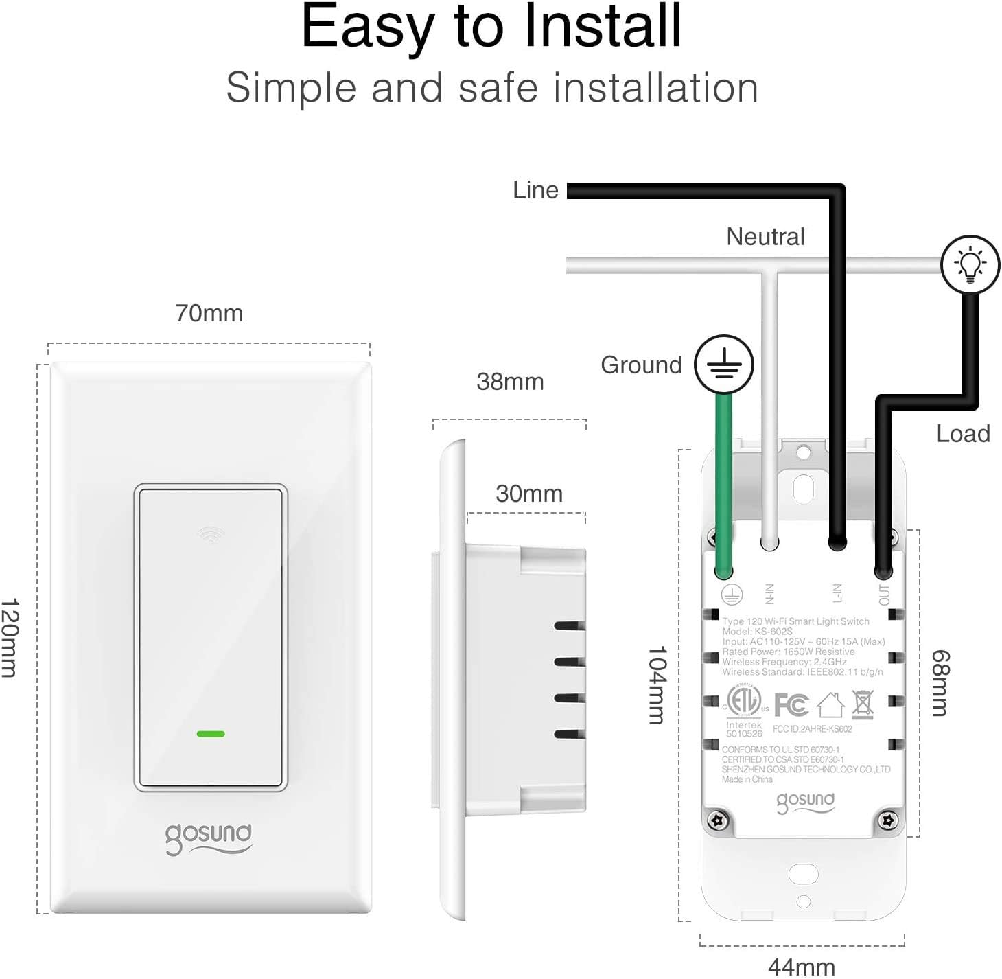 Gosund Smart Light Switch, in-Wall WiFi Smart Switch That Works with Alexa and Google Home, No Hub Required, Neutral Wire Needed, Single-Pole 15A, ETL and FCC Listed, 4 Pack White - - 