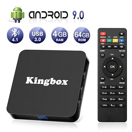 Kingbox Android 9.0 tv Box K4 MAX 4GB RAM+64GB ROM Quad Core mit 2.4G WiFi Unterstützt 4K 3D/ 100 LAN / H.265, HDMI, USB*3 Sm