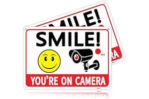 SEHINU 2 Pack Smile You're On Camera Signs,Aluminum, UV Ink Printed, Outdoor Video Surveillance & Security Camera Signs for Property,Orange with Black Font, 7x10 Inches, Driveway Alert, CCTV