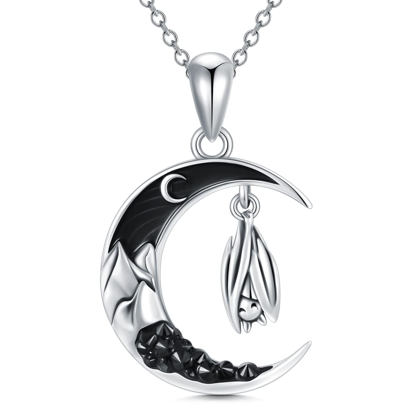 Shusukue Bat Crescent Necklace 925 Sterling Silver, Bat Moon Necklace Black Women's Gothic Pendant Jewellery Gifts for Women Girls