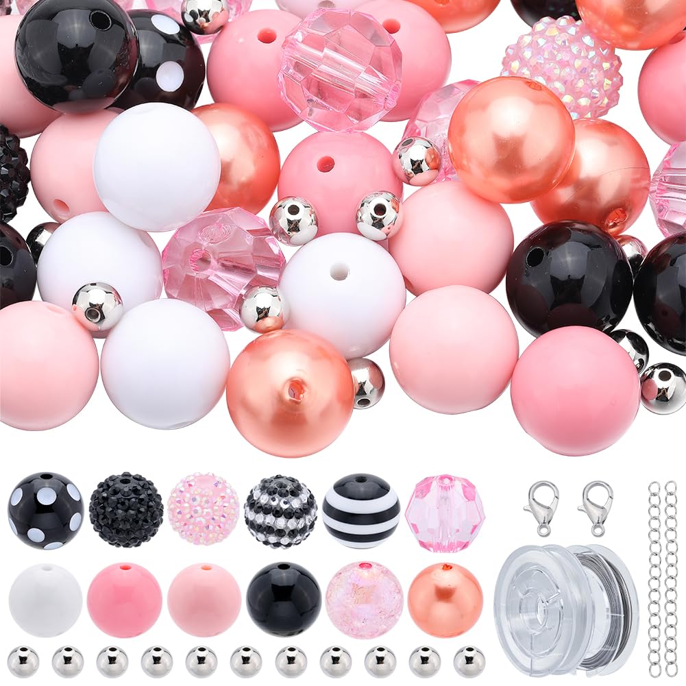 SUNNYCLUE 106Pcs Bubblegum Bead Kit Chunky Beads Large Hole Bubble Gum Beads 20mm Acrylic Beads Bulk Rhinestone Bead Pink Black Spacer Beads for Jewellery Making Bracelet Necklace Pen Craft Supplies