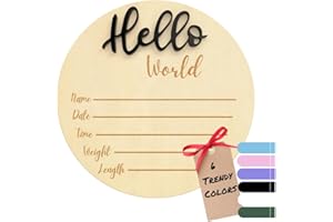 KEMINA BLANKETS Baby Announcement Sign – 6” Wooden Hello World Newborn Name Sign, Hospital Birth Stat Plaque, Gender-Neutral Welcome Baby Keepsake, Personalized Photo Prop for Boys & Girls, Newborn Gift (Black)