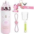 Unicorn Kid Water Bottle for School Thermos with Lid Sparkling Glitter Bottle Stainless Steel Cup Vacuum Bottle Girl Birthday Gift (A pink unicorn, 330ml)