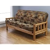 Futon Frame and Full Size Mattress Set. This Rustic Log Frame Sofa Set Easily Converts to Full-size Bed. Nice. The Wildlife Upholstery Is Great in Hunting Cabin, Cottage or Log Home. 8 Thick Sleeper P