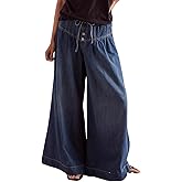 CHARTOU Women's Baggy Wide Leg Denim Pants Drawstring Midi Waisted Flare Jeans Ruffle Pleated Button Jeans