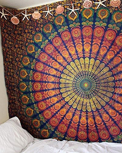 Indian Hippie Psychedelic Cor Peacock Mandala Wall Hanging Bohemian Cotton Bedding Tapestry Boho Mandala Floral Printed Bedspread Throw Beach Yoga Mat Bed Sheet