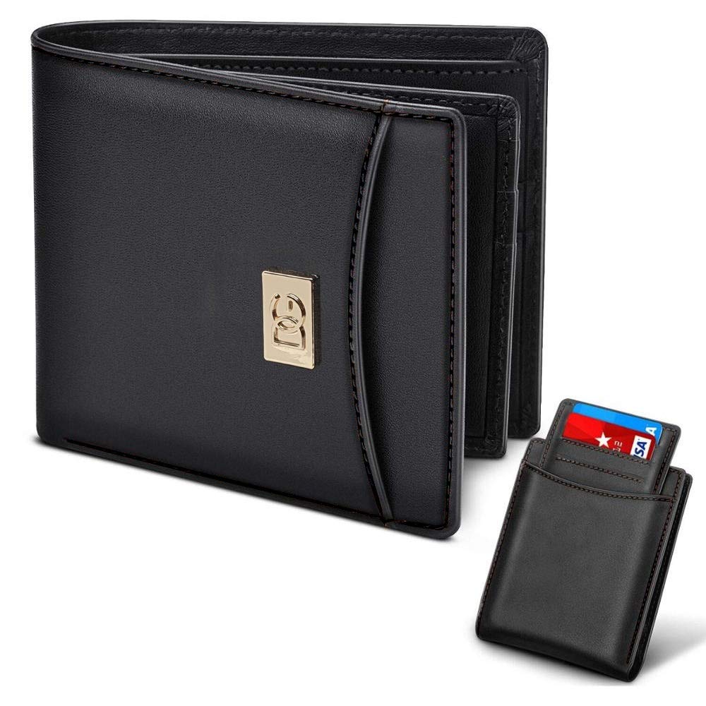 DG STUDIO Designer Men's Genuine Leather Wallet Black RFID Safe Bifold Card Holder ID Window Coin Zipper Pocket with Gift Box