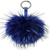 Corleson 6" Large Fluffy Genuine Fur Pom Pom Handmade puffy Keychain Ball Car Keyring/Bag Purse Charm (Blue)