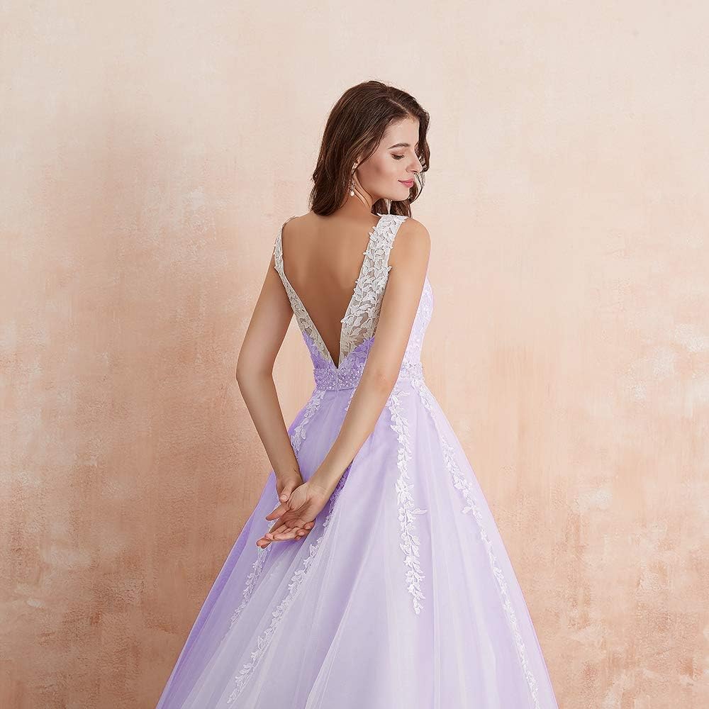 Abaowedding Women's Wedding Dress for Bride Lace Applique Evening Dress V Neck Straps Ball Gowns: Clothing