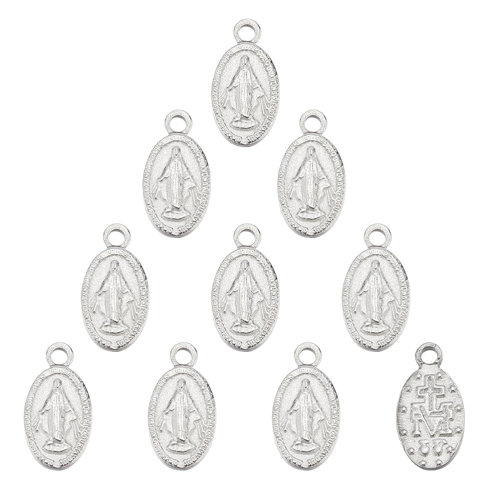 UNICRAFTALE 10pcs 304 Stainless Steel Pendants Oval with Virgin Mary Dangle Charm Landing Pendants for Jewelry Making 12.5x6.5x1.5mm
