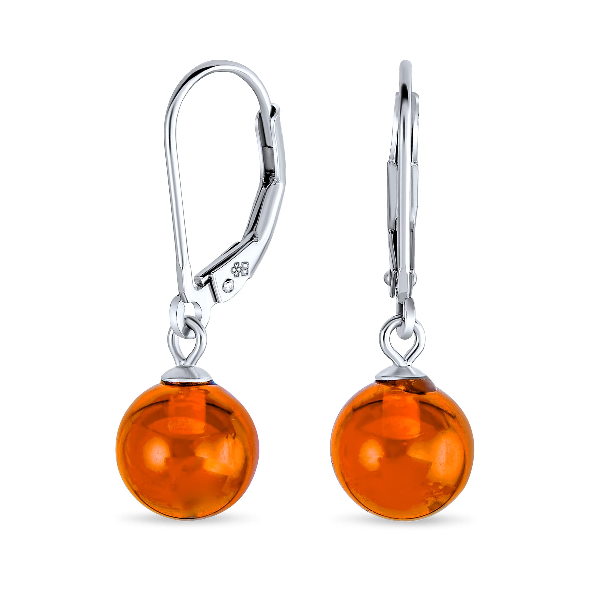 Simple Round Basic Gemstone Honey Cognac Amber 8MM Bead Ball Drop Dangle Earrings For Women Teen Lever back .925 Sterling Silver — image 1