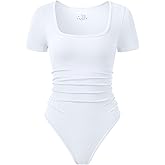 OQQ Women Bodysuits Ruched Short Sleeve Square Neck Stretch Lounge Travel Bodysuits