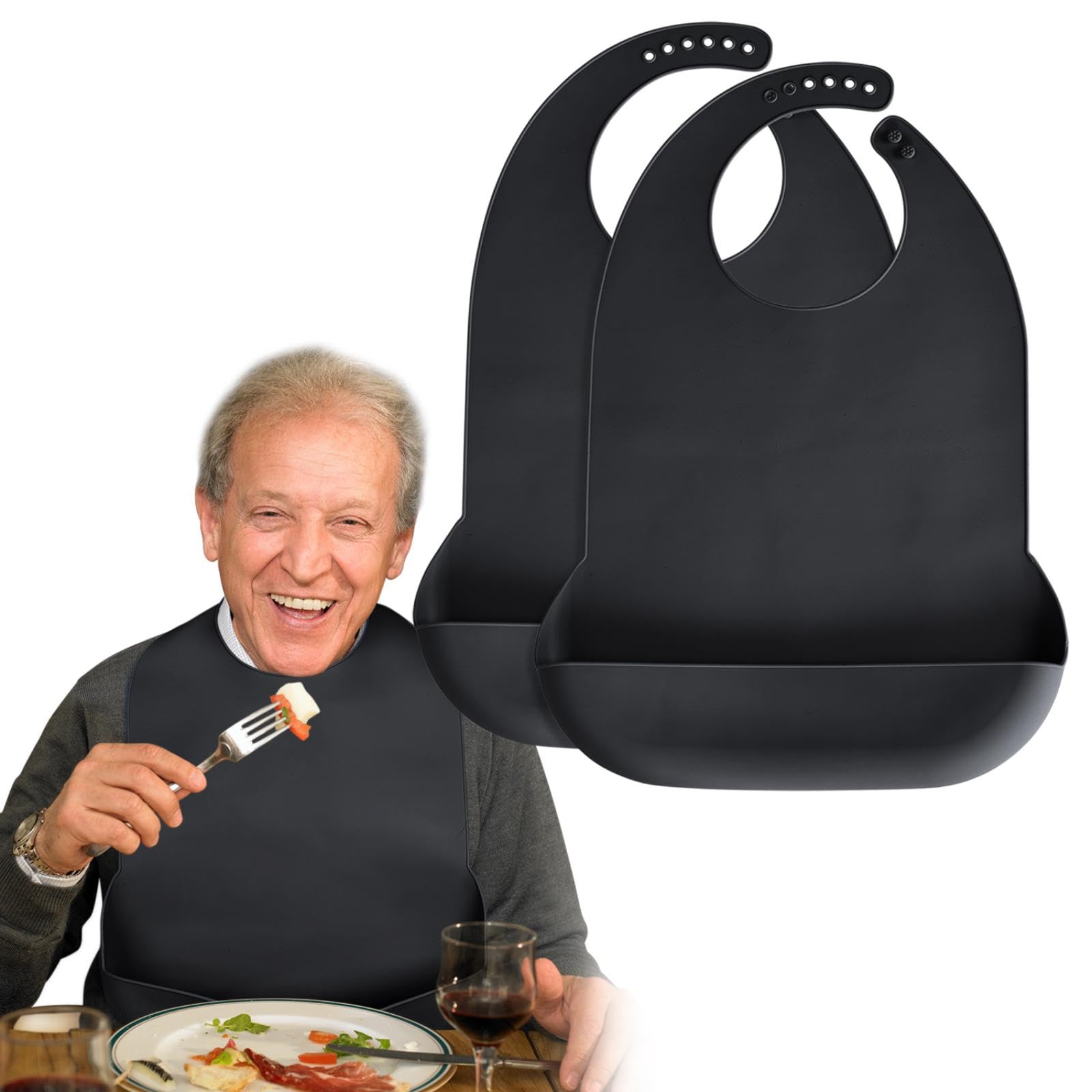 Photo 1 of Kinggrand Kitchen Adult Bibs for Men, Women - Silicone Adult Bibs for Elderly - Washable Bib with Crumb Catcher - Black, 2 Pack