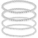 SM Stainless Steel Gold Silver Rose gold Beaded Ball Bracelets Set for Women Stretchable Elastic Bracelet (Set 4pcs - 4mm(2) + (2) - Silver)