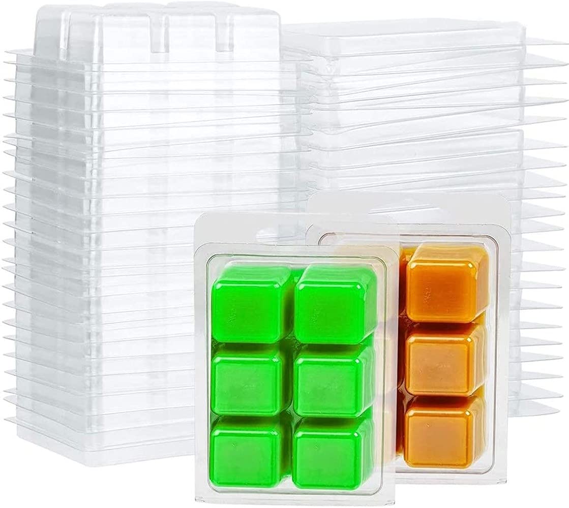 LATRAT 25 Packs Wax Melt Clamshells Shapes Square, 6 Hollow Space Clear Plastic Cube Tray for Candle Making and Soap