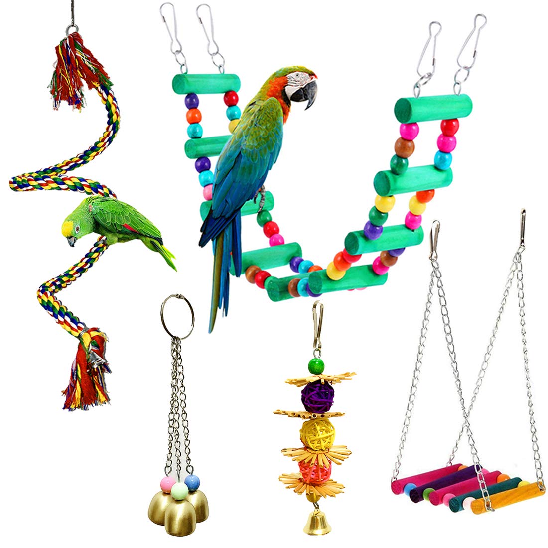 5 Pcs Bird Perches Cage Toys Hanging Bell Swing Chewing Toys Wooden Ladder Hammock for Small and Medium Parrot Birds, Cockatiels, Conures, Macaws, Finches