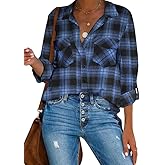 HOTOUCH Plaid Flannel Shirts for Women Long Sleeve Boyfriend Button Down Shacket Jacket Black and Blue S