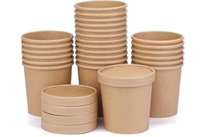 WUADUA 16 oz 25 Pack Paper Soup Containers with lids, Disposable Kraft Food Cups, Soup Cups Paper Ice Cream Cup, Dessert Cup, Yogurt Ice Cream Containers. Great For Restaurants, Take Outs, or To-Go Lunch