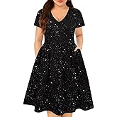 CARCOS Plus Size Dresses for Curvy Women V Neck Short Sleeve Dresses Floral/Striped Summer Boho Dresses with Pocket XL-5XL