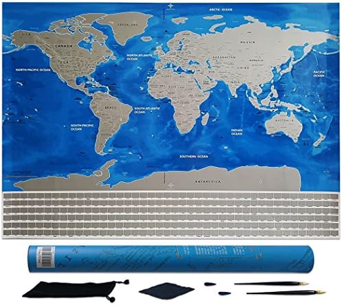 Scratch Off World Map Poster - Large Size 32x23 in, Detailed Cartography with US States and Country Flags, Premium Blue Ocean Version, Double Scratch Tools - Perfect for Travelers by Harry and Daisy