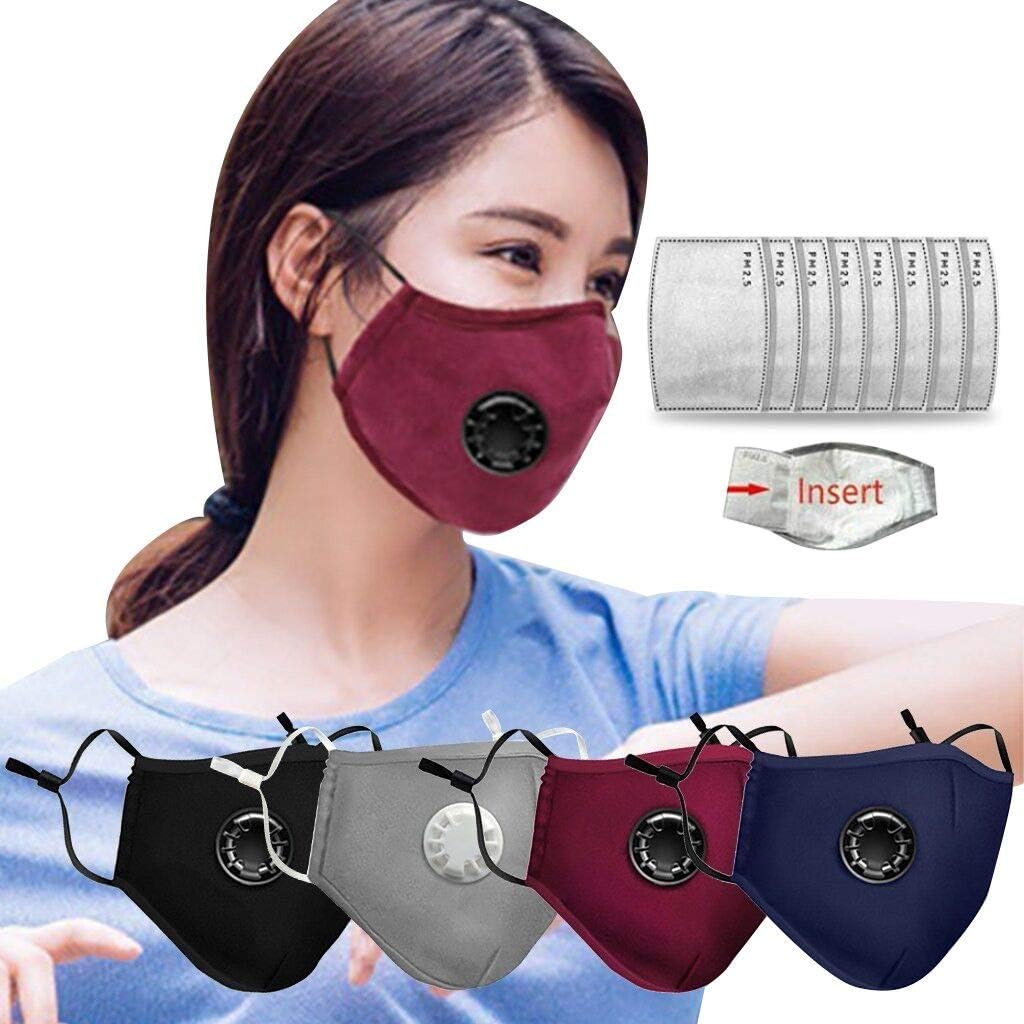 HoweNel 4pcs Cotton Face Màsc Bandanas + 8 Replacement Sheet, with Breathing valve for Adults, Reusable/Washable (4 color | 4pcs)