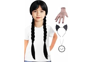 AKZKQKER Girls Wednesday Addams Wigs with Necklace Long Black Braided Wigs for Halloween Party Costumes