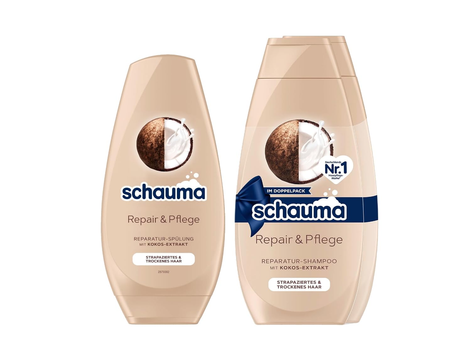 Schauma Shampoo Repair & Care Pack of 2 (1 x 2 x 400 ml) Provides Suppleness, Repair Shampoo for Damaged & Dry Hair & Conditioner (1 x 250 ml) Hair Conditioner with Coconut Extract