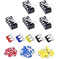 Glarks 70Pcs(5Sets) Terminal Block Set, 5Pcs 3 Positions 600V 15A Dual Row Screw Terminals Strip + 5Pcs Pre-Insulated Barrier Strips + 60Pcs Insulated Fork Wire Connector (3P+Fork Connector)