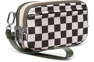JQWYGB Checkered Wristlet Wallet for Women Tri-tone Cute Nylon Wristlet Purse with 5 zippers and ID Window Credit Card Holder