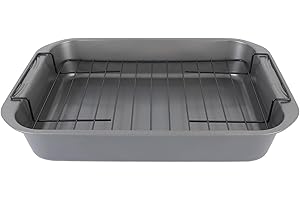 Carbon Steel Roasting Pan, 11 x 14 inch Rectangular Metal Bakeware Dish with Rack Roaster Tray for Baking Turkey Chicken Vege