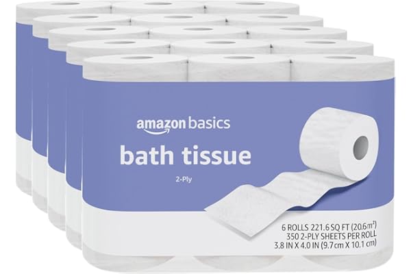 Amazon Basics 2-Ply Toilet Paper, 30 Rolls = 120 Regular Rolls, Unscented, 350 Sheet, (Pack of 30)