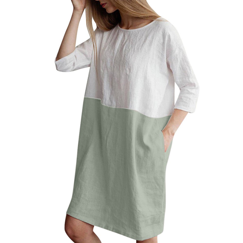 POTO Women Dresses, Loose Color Stitching Casual Dresses with Pockets Cotton Linen Tunic Dress Party Dress Beach Dress