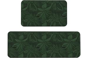 Hunter Green Floral Petals Pattern Kitchen Mats for Floor 2PCS, Cushioned Anti-Fatigue Kitchen Rug, Memory Foam Velvet Runner