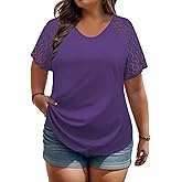 VISLILY Plus-Size-Womens-Summer-Tops Casual V-Neck T Shirts Raglan Lace Dotted Short Sleeve Tunics Cute Trendy Blouses XL-5XL