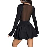 GORGLITTER Women's Long Sleeve Square Neck Mini Bubble Dress Y2k Goth Sheer Mesh See Through Fall Cocktail Dresses 2025