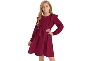 Quedoris Girls Ruffle Trim Dress Print and Solid Color A-line Swing Flared Belted Casual Party Dress with Zipper