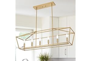 WINSHEN 6-Light Kitchen Island Lighting, Gold Linear Chandelier Dining Room Over Table, Rectangle Pendant Light Fixtures Golden Finish for Living Room