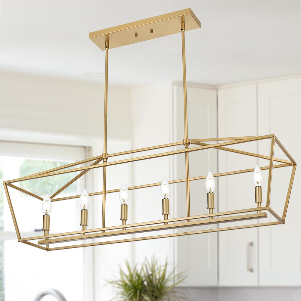 View 1 of WINSHEN 6-Light Kitchen Island Lighting, Gold Linear Chandelier Dining Room Over Table, Rectangle Pendant Light Fixtures Golden Finish for Living Room