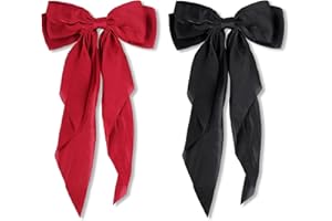 BVIIE Long Tail Bow Hair Ties, Classy Women Girl Hair Styling Accessories, 90s Vintage Big Satin French Style Headdress Decor, Gift Hair Bows Spring Clip for Mom Teen Toddler Girl Stuff, Burgundy and Black