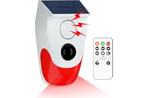 eMylo Solar Sound & Light Alarm Outdoor Motion Sensor,Wireless Infrared Sensors with Remote Controller,3 Modes,120db Sound Security Siren for Home,Farm,Barn,Villa,Yard