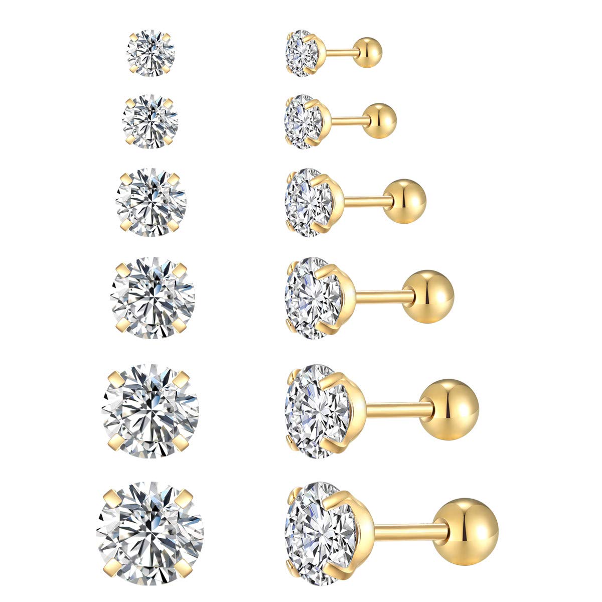 FOSIR 6 Pair 18G Stainless Steel Stud Earrings for Men Women Cartilage Ear Piercing Cubic Zirconia Inlaid 3-8MM