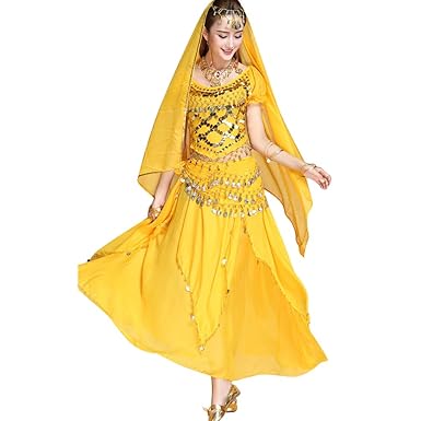 TianBin Damen Chiffon Bauchtanz-Kostüm Kurzarm Top Röcke Halloween Kostüm Alle Accessoires