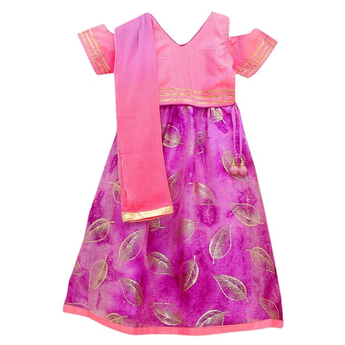 Kid1 By Hopscotch Girls Banglori Silk Cold Shoulder Princess Lehenga Choli Set in Multi Color