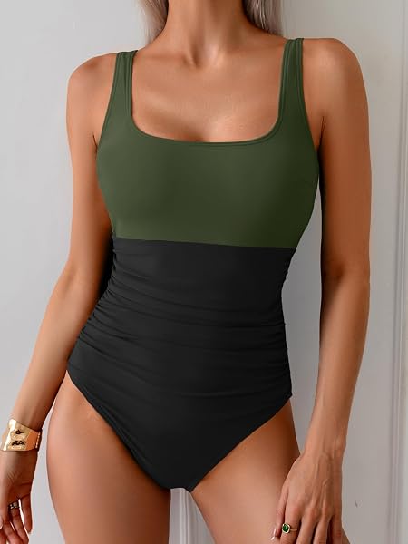 B2PRITY WOMENS ONE PIECE SWIMSUIT TUMMY CONTROL SLIMMING BATHING SUIT HIGH WAISTED RUCHED SWIM SUIT COLOR BLOCK SWIMWEAR
