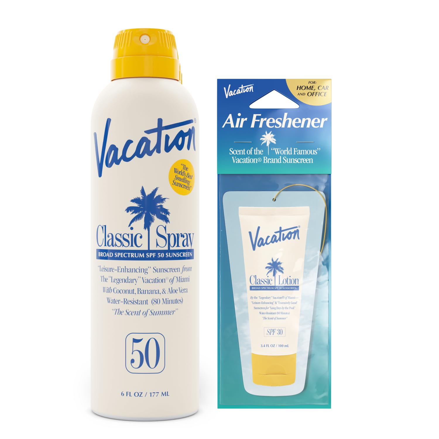 VACATION Classic Sunscreen Spray SPF 50 & Air Freshener Bundle, Water-Resistant, Lightweight, Transparent on All Skin Tones, Dermatologist-Tested, Vegan, 6 Fl. Oz.