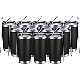 MEWAY 20oz Tumbler 12 Pack Double Wall Vacuum Insulated Travel Mug Bulk, Stainless Steel Tumblers with Lid and Straw, Durable Powder Coated Coffee Cups for Cold & Hot Drinks (Black, 12)