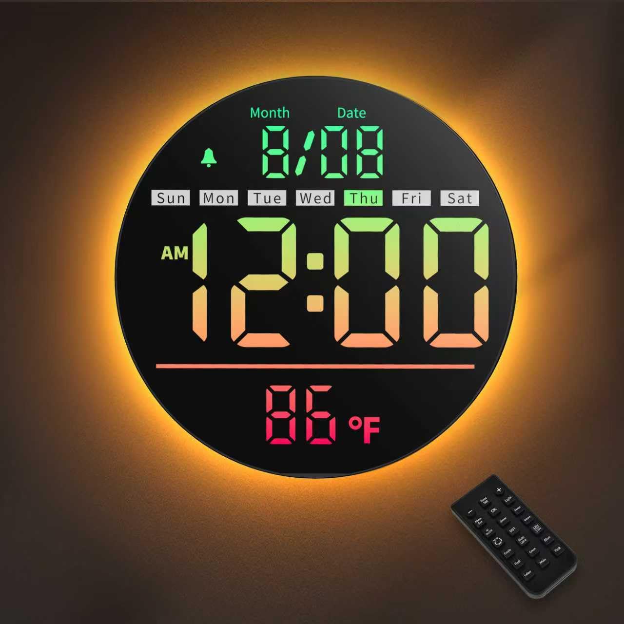 Photo 1 of LEIKE Digital Wall Clock 8" LED Display, Round Wall Clock with 11 RGB Color Display, Remote Control, Brightness Adjustment, DST, Timer, Temperature, Alarm, Nightlight for Classroom, Office, Gym