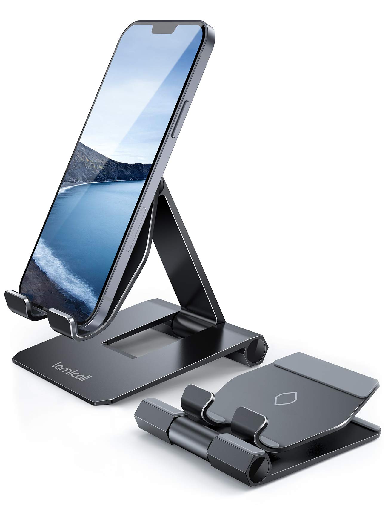 Lamicall Aluminum Phone Stand, Adjustable Phone Holder - Foldable Metal Stand Mount Cradle Dock for Desk, for iPhone 17/16/15/14/13/12/11 Pro Mini Air Pro Max, Xs M, Samsung S23, Smartphones - Black