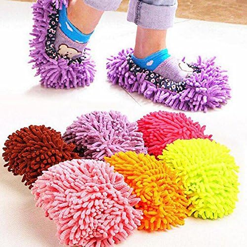 Juenana Multi-Function Chenille Fibre Washable Dust Mop Slippers Cleaning Shoes x2Blue